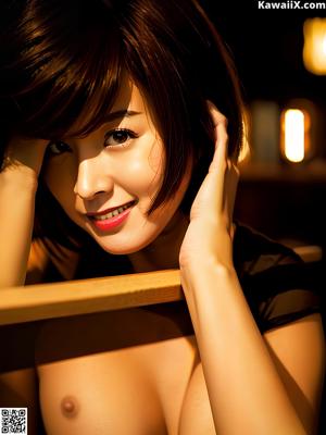 A naked asian woman sitting on a bed with her hand on her chin.