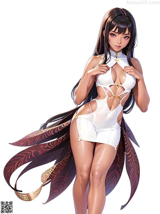 A woman in a white bathing suit with long black hair.