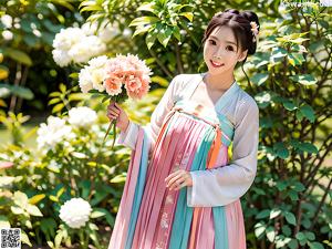 A woman in a blue and pink hanbok is posing for a picture.