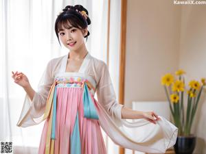 A woman in a white robe is posing for the camera.