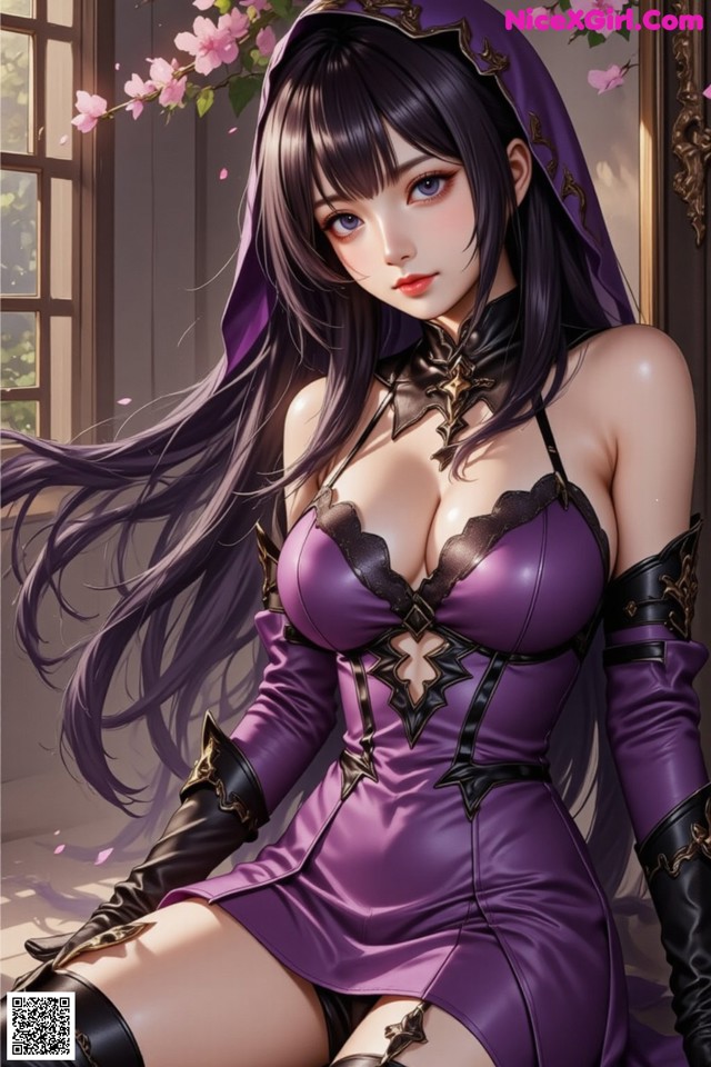 Hentai - The Velvet Nightfolds Embrace Her Regal Presence Set.1 20250104 Part 5 No.471779 A woman in a purple dress sitting on a window sill.