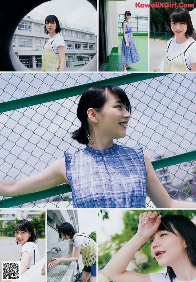 A collage of photos of a woman in a blue and white dress.