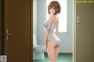 A woman in a white shirt is standing in front of a door.